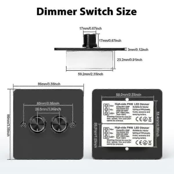 DC 12V-24V LED-dimmerbrytare 2-vägs 120W väggmonterad tryck-på/av vridbar dimmer