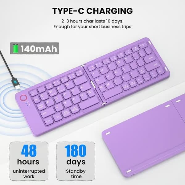 Mini hopfällbart Bluetooth-tangentbord - Bärbart, Mac, iPad, Android, Windows och iOS (Lila), Ultratunt aluminium, Resevänligt för iPhone
