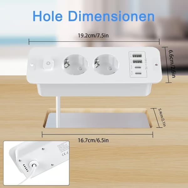 2-vejs udtræk - 2-vejs med 2 USB, bordstikdåse med 2 USB C, 2 kontakter, 2 m kabel hvid 2-dobbelt udtræk white 2-fold withdrawal, white