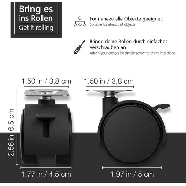 Sett med 4 stk. 50 mm møbelhjul med brems