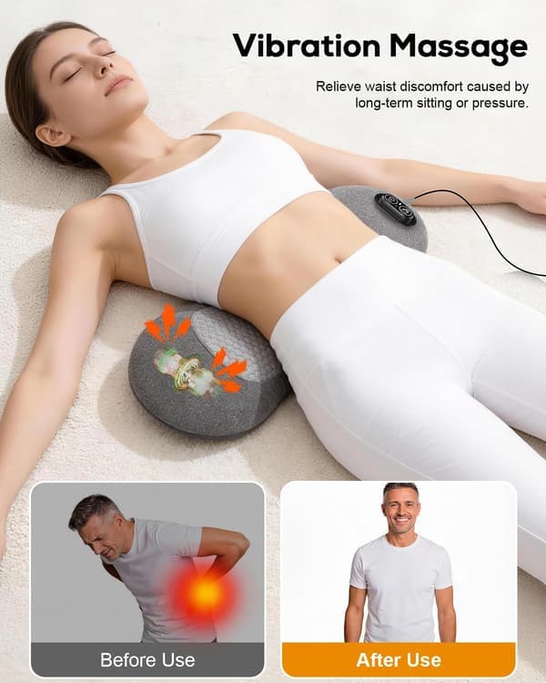 [RM]3-i-1 Rygmassager med Varme Vibration Stræk, Ergonomisk Memory Foam Lændestøttepude til Seng Stol, Afslapningsgave til Grå