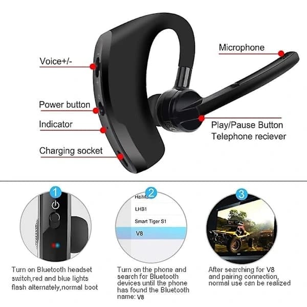 V8 Rtsport Bluetooth-headset, trådløst stereo HD-mikrofon-headset, Bluetooth håndfrit bilsæt med mikrofon til smartphones