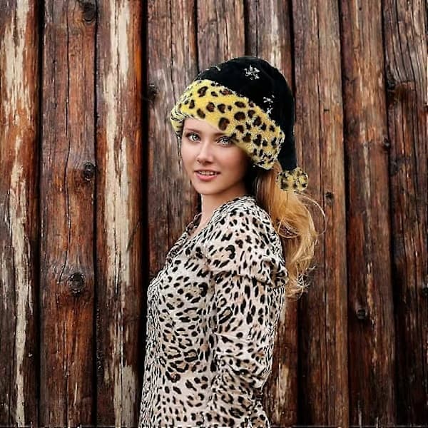 Sort julemandshue med leopardprint, pailletter og plys
