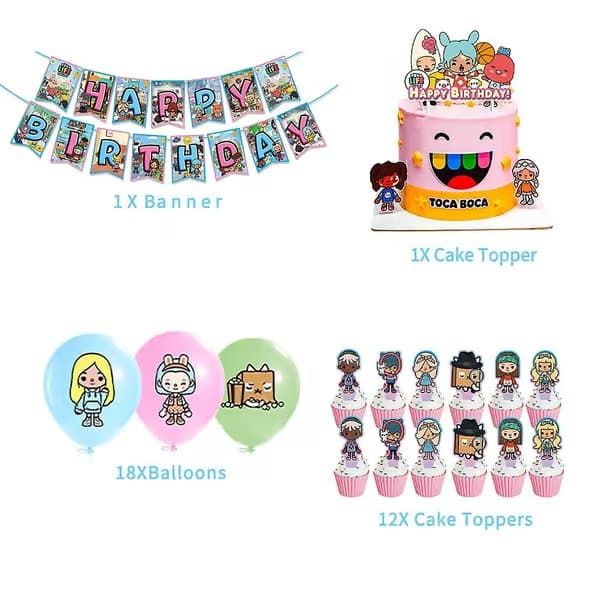 Toca Life-tema bursdagsdekorasjon banner ballong kake/cupcake-topper sett tilbehør