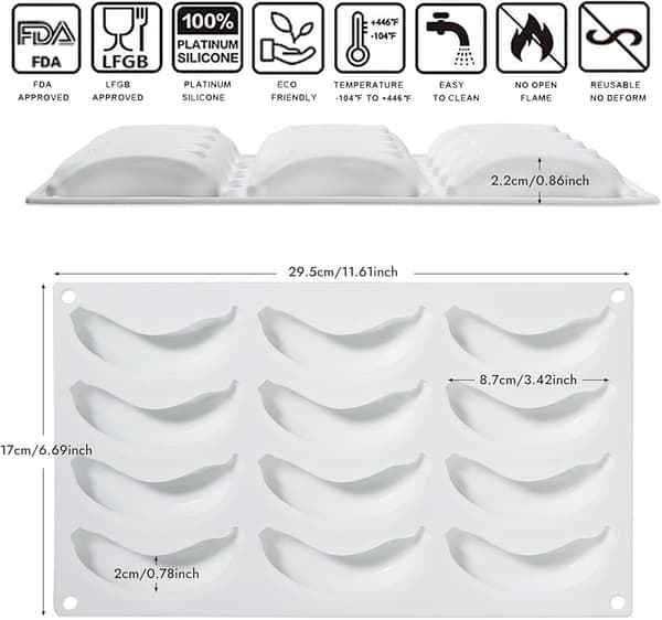 3D Banan silikonform for baking - 12-hulls kakeform for mousse, sjokolade, gelé og desserter, BPA-fritt fleksibelt brett