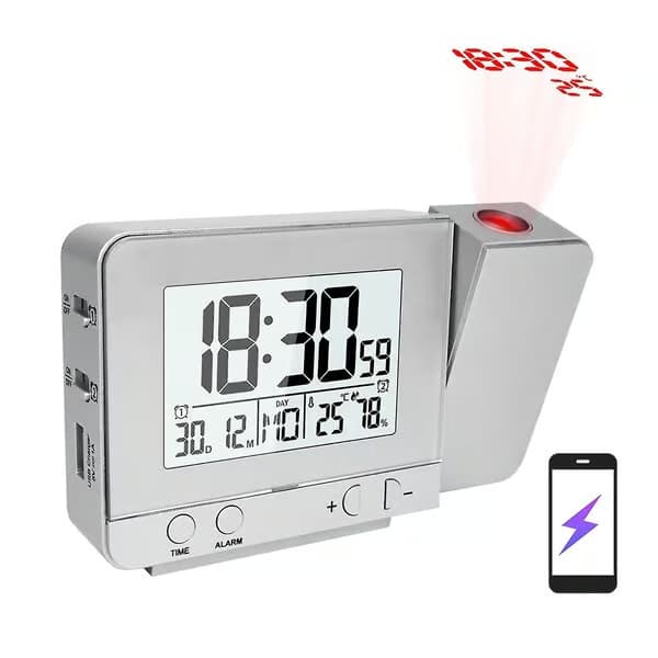 Projektionsväckarklocka för sovrum med termometer, hygrometer och digital projektion i taket