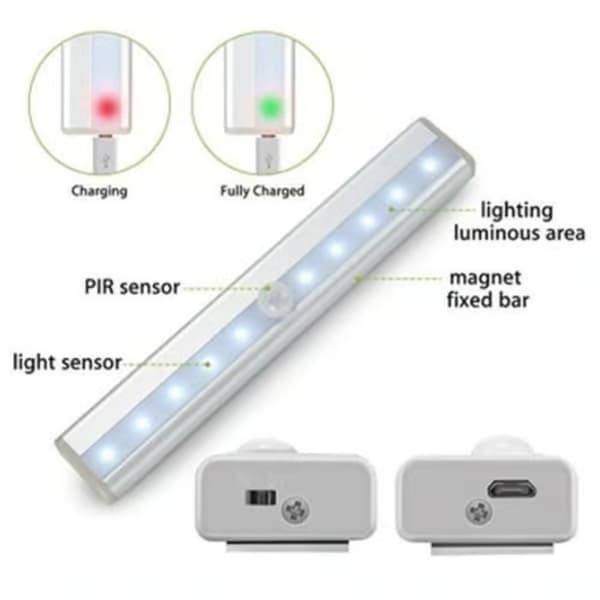 3-pack rörelsesensorlampa - USB-uppladdningsbar - 10 LED - Vit