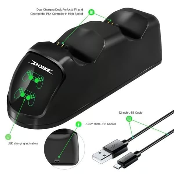 PS4 Dual Dock USB-laddningsstation med LED-indikator för PS4 / PS4 Slim / PS4 Pro-kontroller Svart