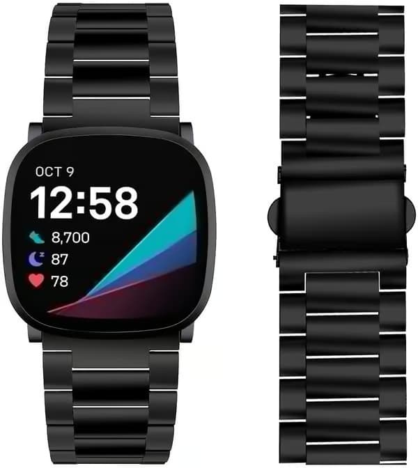 Armbånd kompatibelt med Fitbit Sense 2 og Fitbit Versa 4, solid rustfritt stål Fitbit Sense/Versa 3 metallarmbånd, erstatning Silver Black versa4/sense2