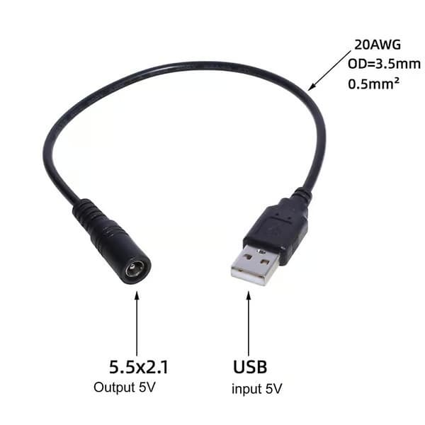 USB–DC-virtajohto DC5.5x2.1mm naaras USB-uros DC5V-virtalähde