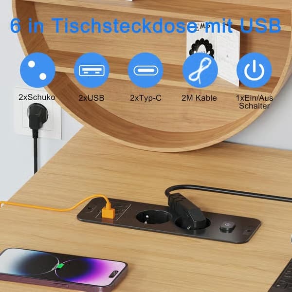 2-vejs udtræk - 2-vejs med 2 USB, bordstikdåse med 2 USB-C, 2 kontakter, 2 m kabel sort 2-dobbelt udtræk black 2-fold withdrawal,black