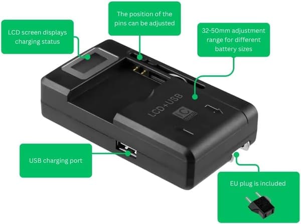 2-i-1 USB & AC100-240V Batterioplader med LCD-display til 32-50 mm DSLR-kamerabatterier