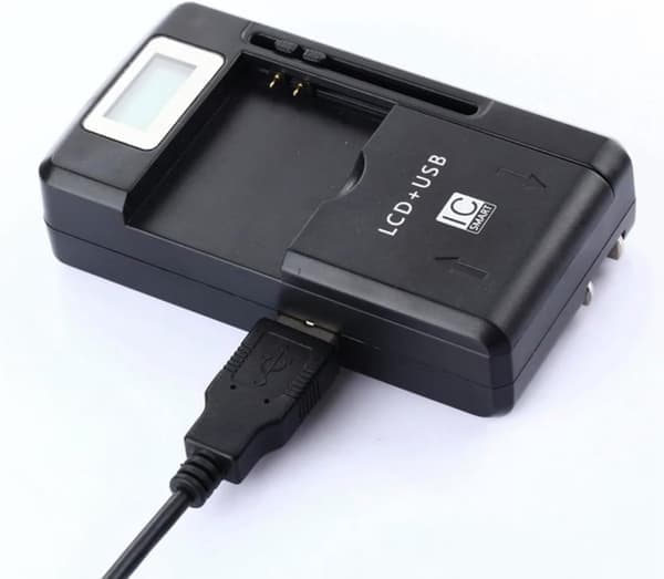 2-i-1 USB & AC100-240V Batterioplader med LCD-display til 32-50 mm DSLR-kamerabatterier