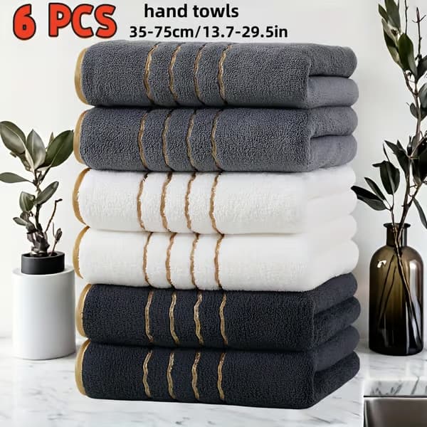Lyxig handduksset med guldfärgade ränder i modern design - Rektangulära mikrofiberhanddukar lämpliga för hem, spa 6 st Mørkegrå