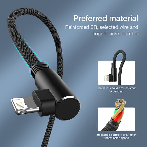 USB-kabel kompatibelt med iPhone 11 12 13 Pro X XR XS Max 6 s 7 8 Plus SE Lightning iPod vinklet adapter dataopladerkabel 1m 2m 3m langt grey 3m