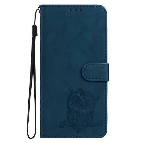 Kompatibelt etui til iPhone 16 med ugle-print, PU-læder pung-etui med håndledsrem Blue