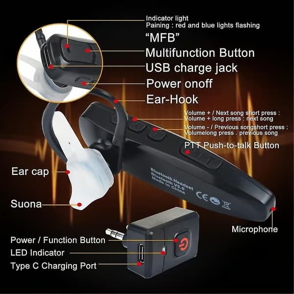 Trådløst Bluetooth PTT-headset til walkie-talkie, håndfrit K-stik til mikrofon-headsetadapter