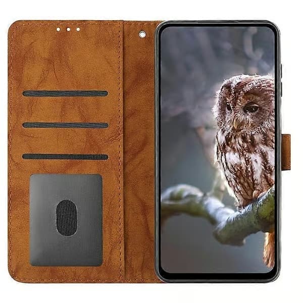 Kompatibelt etui til iPhone 16 med ugle-print, PU-læder pung-etui med håndledsrem Brown