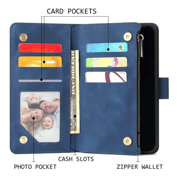 Plånboksfodral för iPhone 11, Blixtlåsplånbok, Ställfodral, Kortplatser med handledsrem, Stötsäkert TPU Flipfodral för iPhone 11 - Blå