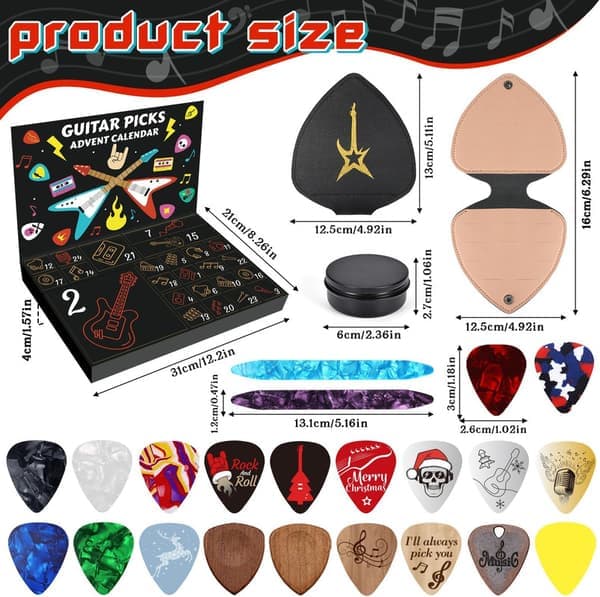 Gitarrplektrum Adventskalender 2026 – 24 dagar med celluloid- och träplektrum, julkalender perfekt julklapp för gitarr, bas och ukulele