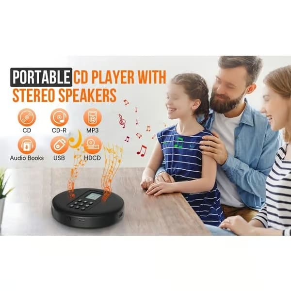 Kannettava CD-soitin - LCD-näyttö - Stereokaiuttimet - USB-lataus