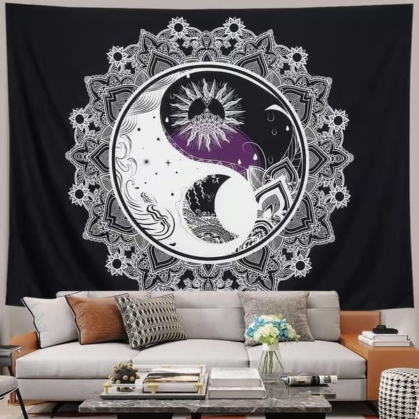 Psykedelisk sol og måne veggteppe Yin Yang