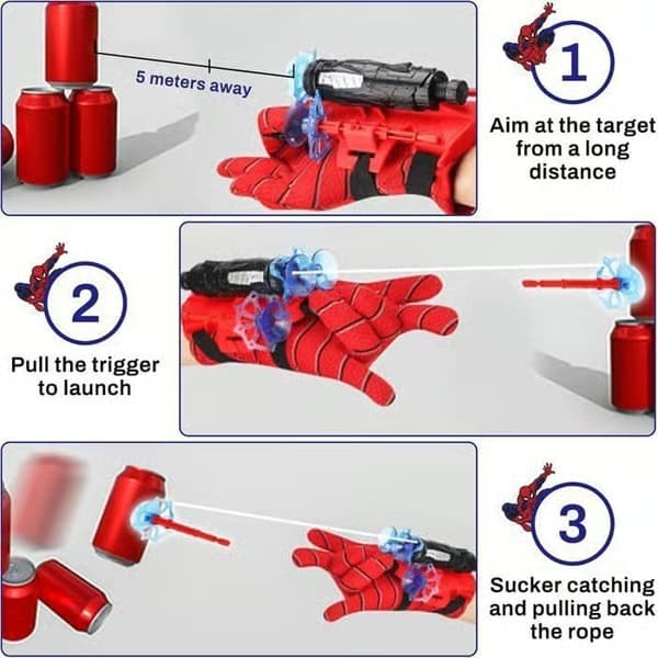 Sæt med 2 Spiderm-launcher-handsker, Spiderm-launcher-håndledslegetøj, Spider-helt-launcher