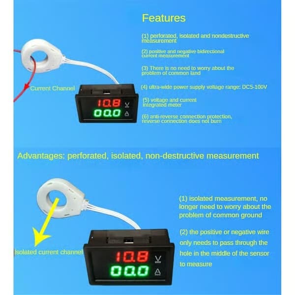 Hall Amperemeter Voltmeter DC 0-300V 200A Batteriovervåker LED Digital Strøm- og Spenningsmåler 12V 24V 36V