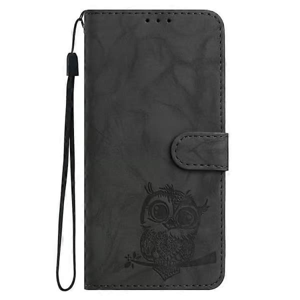 Kompatibelt etui til iPhone 16 med ugle-print, PU-læder pung-etui med håndledsrem Black
