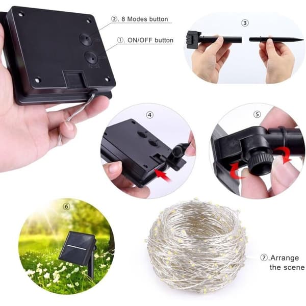 Utendørs solcellelyslenke, 200 LED, 22 m, 8 moduser, IP65 vanntett