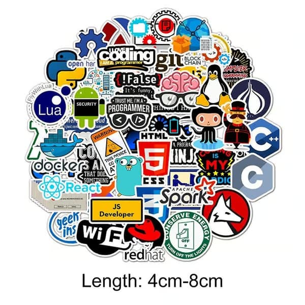 50 stk. klistremerker til datamaskin, selvklebende, vanntette, ulike mønstre, sterkt lim, enkel påføring, DIY-graffiti, programmerer- og programmeringstema