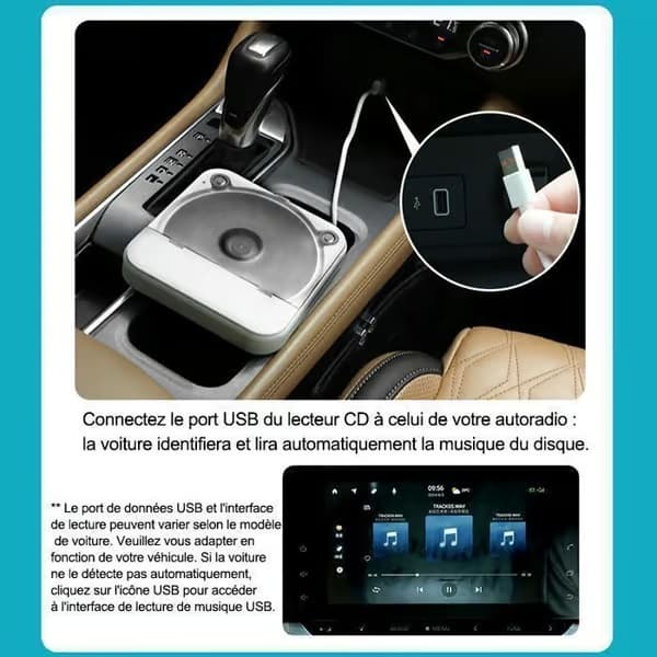 Bil-CD-spelare - Extern universell CD-spelare för bil - AUX/USB-gränssnitt - HIFI - 133 x 133 x 25 mm, vit
