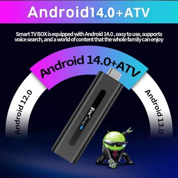 Smart-TV-sticka Android 14 - 8K - Digital fjärrkontroll - Wi-Fi 2.4G/5G - Bluetooth 5.0 - 2 GB RAM