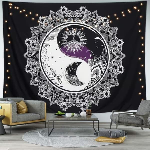 Psykedelisk sol og måne veggteppe Yin Yang