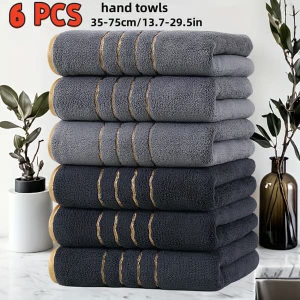 Lyxig handduksset med guldfärgade ränder i modern design - Rektangulära mikrofiberhanddukar lämpliga för hem, spa 6 st 【Hvid】