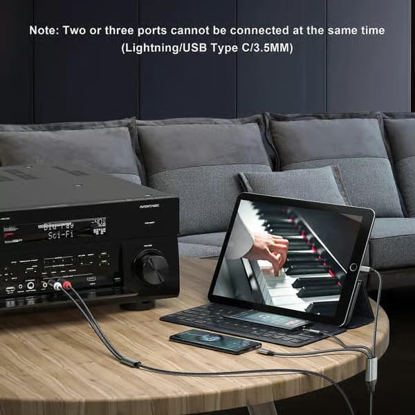Lightning til RCA-kabel Audio Aux-adapter, RCA til 3,5 mm kabel USB-C til 2 RCA-lydkabel, 3-i-1 lydkabel til bil, hjemmebiograf, højttalere og mere
