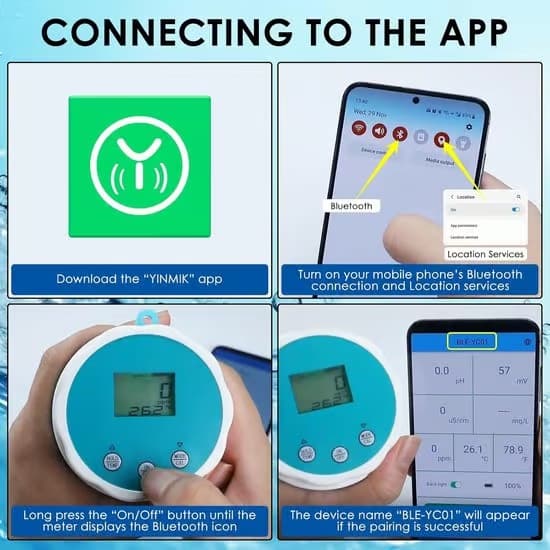 Intelligent vandkvalitetstester: Bluetooth 6-i-1 flydende monitor til pools, spa/hydroponik - Måler pH, EC, ORP, klor