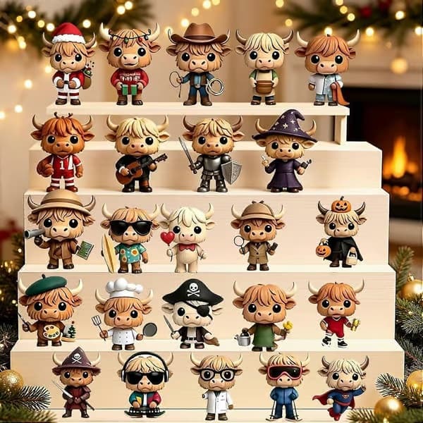 Flad akryl-ko-pynt, Highland Cow blind box-sæt, assorterede søde designs, ideel julegave til samlere D