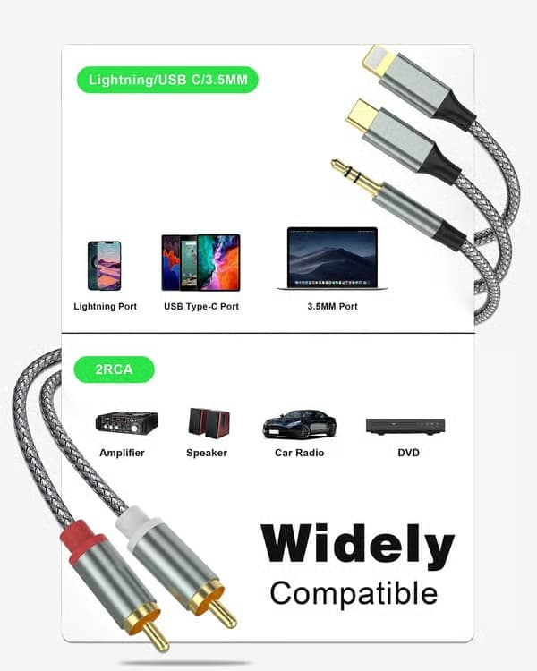 Lightning til RCA-kabel Audio Aux-adapter, RCA til 3,5 mm kabel USB-C til 2 RCA-lydkabel, 3-i-1 lydkabel til bil, hjemmebiograf, højttalere og mere