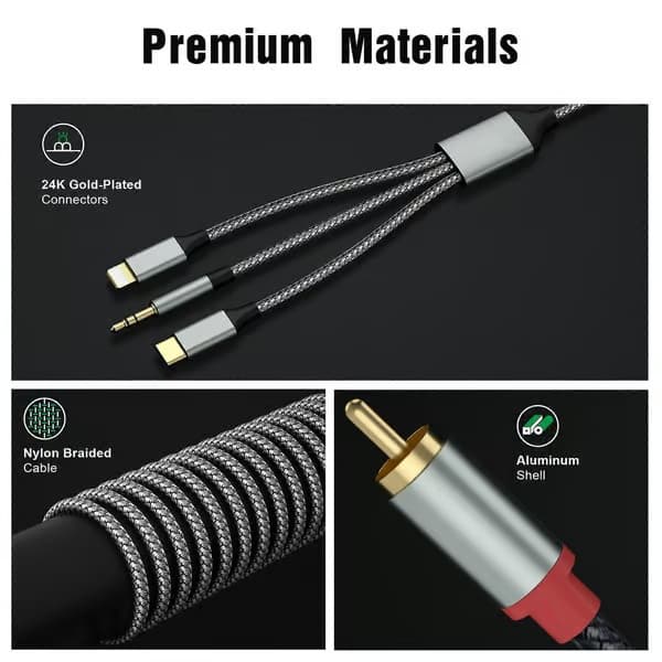 Lightning til RCA-kabel Audio Aux-adapter, RCA til 3,5 mm kabel USB-C til 2 RCA-lydkabel, 3-i-1 lydkabel til bil, hjemmebiograf, højttalere og mere