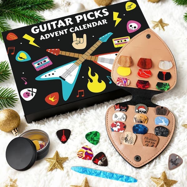 Gitarrplektrum Adventskalender 2026 – 24 dagar med celluloid- och träplektrum, julkalender perfekt julklapp för gitarr, bas och ukulele