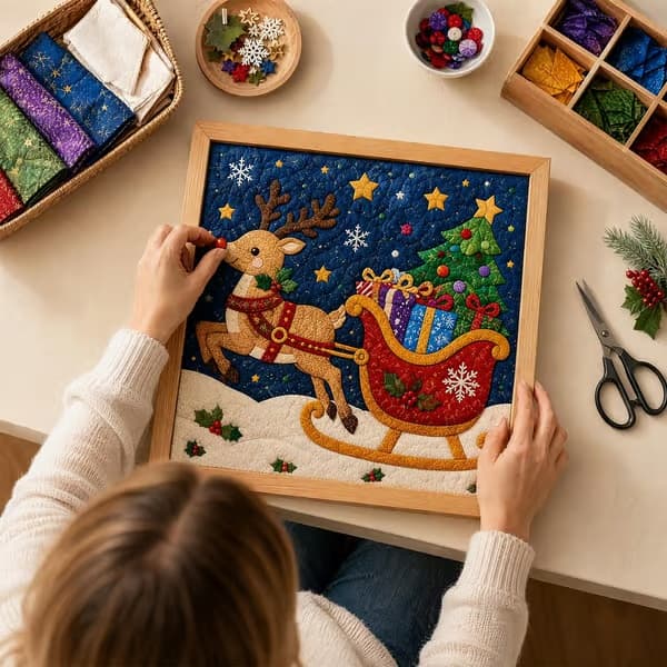 Kinusaiga Stofkunst-sæt | DIY 3D Jule-stofkunst-sæt til voksne Elk
