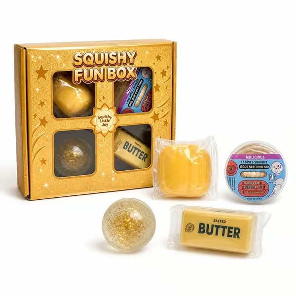 4-delt Golden Squishy Fun Box, assorterte mat-, glitter- og dumpling-leker for sensorisk stressavlastning i gaveeske