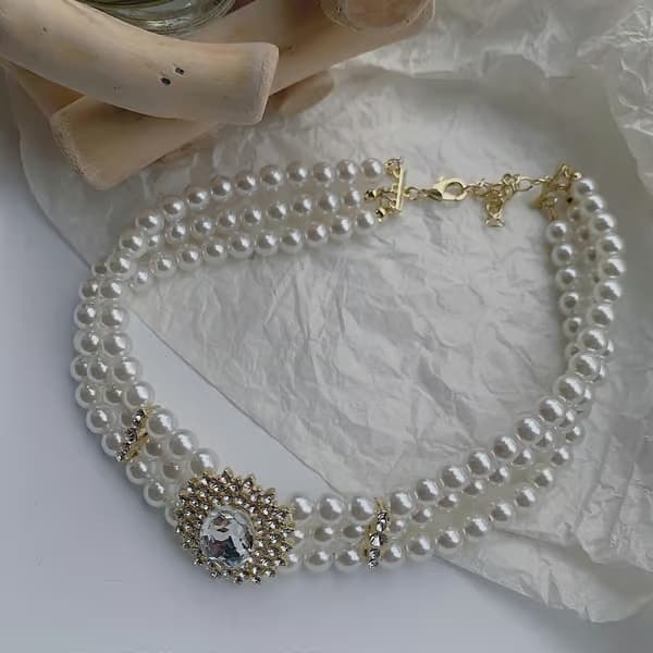 Bridal retro mode perle rhinsten choker halskæde