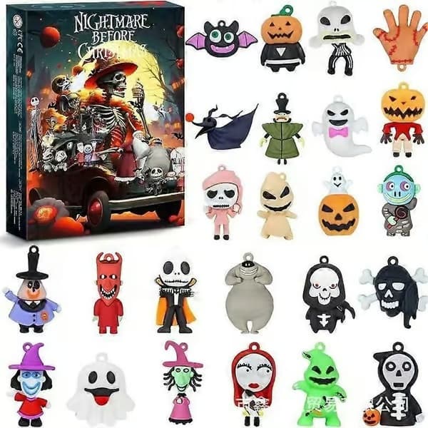 Adventskalender nedtælling blind box Halloween skelet gysertema 24 stk. overraskelse samlerobjekt gaveæske A