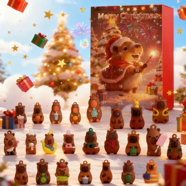 2026 Capybara julekalender 24-dagers adventskalender med søte dyrefigurer, julepynt og gave [MI] Julkarpiballa