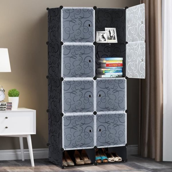 HENGMEI 8 Box förvaringsskåp med dörr DIY hyllsystem DIY garderob, svart