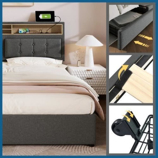 HENGMEI-säng med lådor med eluttag och USB-portar Sänggavel med 4 lådor linne Dubbelsäng 160x200cm, Grå(Utan madrass)