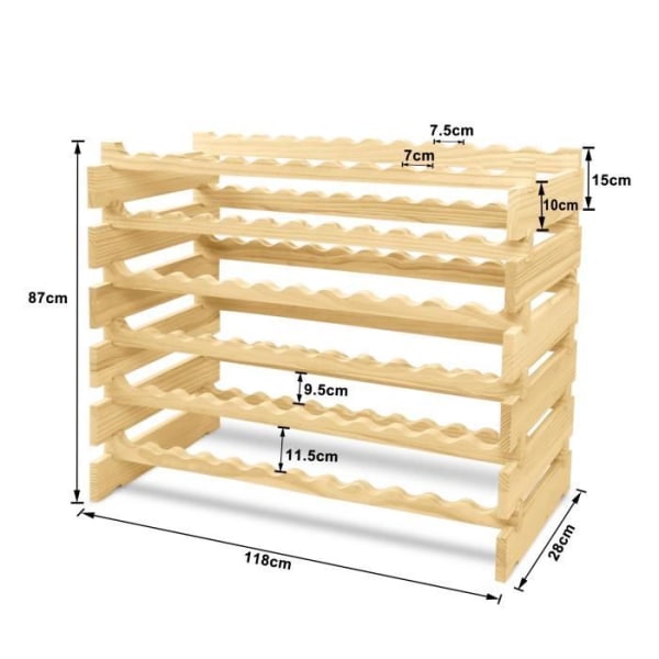 HENGMEI Vinställ Vinflaskställ i trä för 72 flaskor, 6-vånings tallhyllor Förvaring, 87×28×118 cm