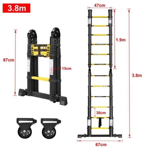 HENGMEI multifunktions teleskopstege i aluminium 3,8M bärbar hopfällbar stege (1,9M+1,9M), gul + svart